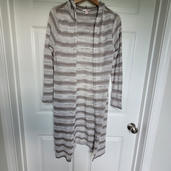 Bongo Juniors Long Hooded Cardigan Sweater Gray White Striped Size Large - Picture 2 of 13